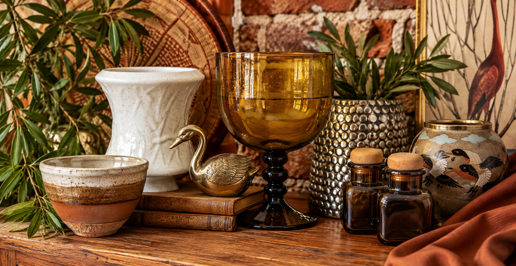 A warm Moss + Amber still life with vintage books, pottery, greenery, and a brass candlestick